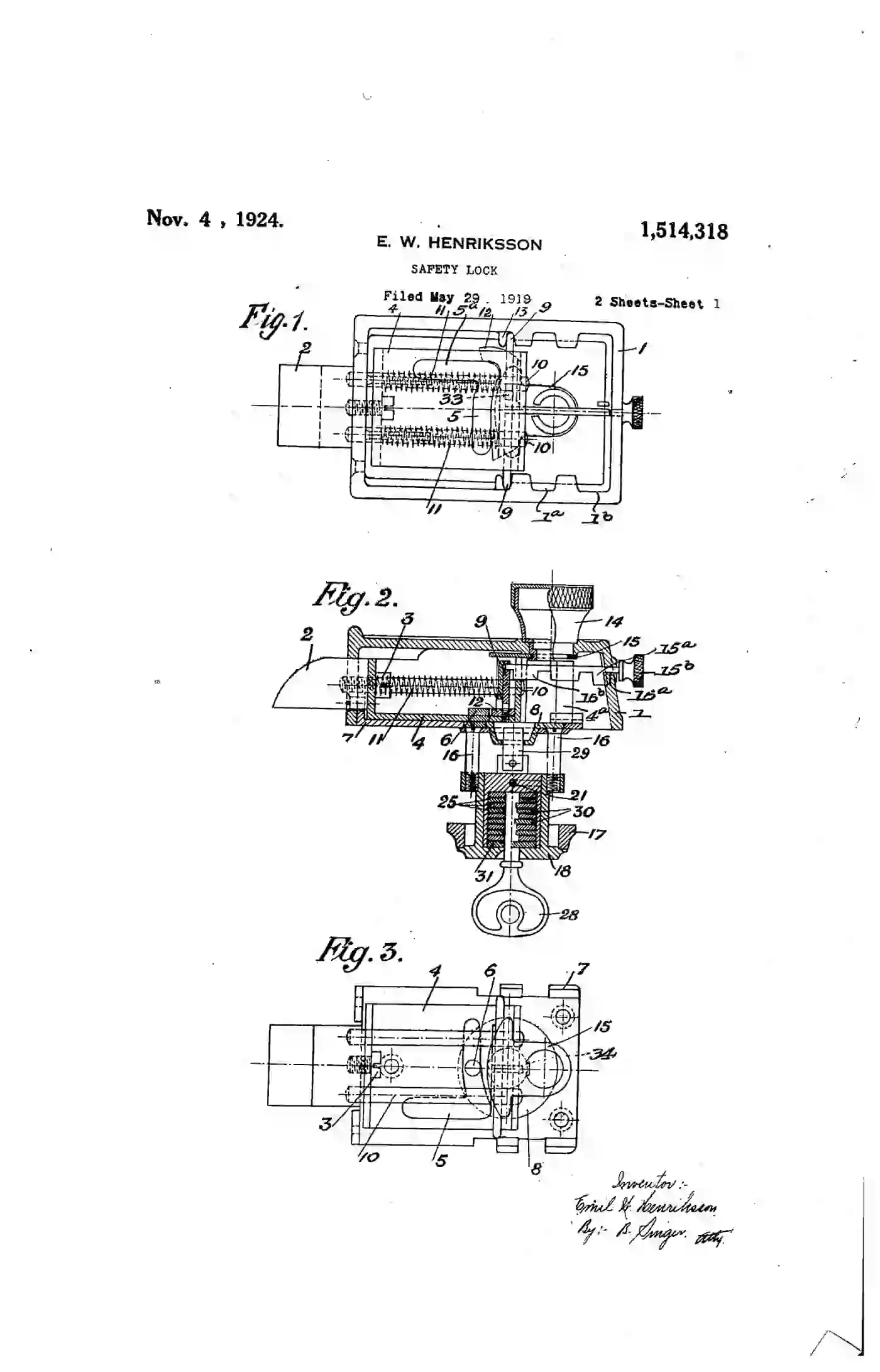 Henrikssons Original-Scheibenzylinder von 1924 im Querschnitt, in der Seitenansicht mit Schlüssel und in der Stirnansicht