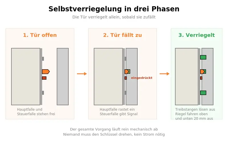 Mechanik der Selbstverriegelung: Hauptfalle, Steuerfalle und Riegel beim automatischen Ausfahren