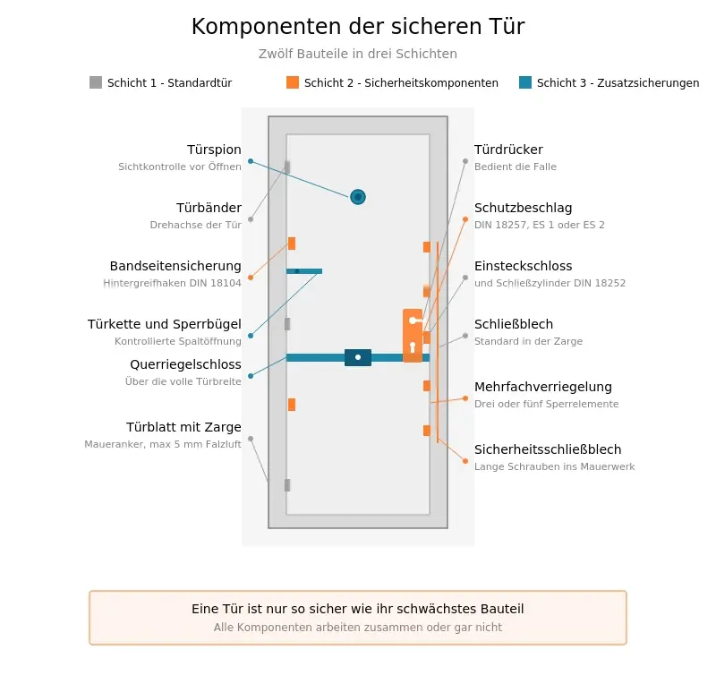 Die zwölf Komponenten einer sicheren Tür in drei Schichten: Standardtür, Sicherheitskomponenten und Zusatzsicherungen