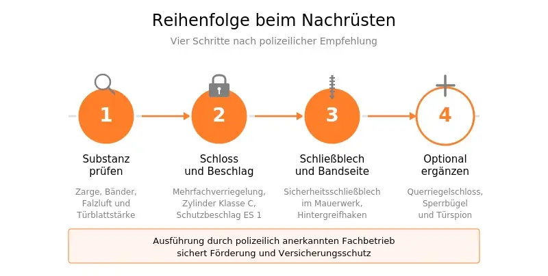 Zusätzliche Sicherungen bei schwacher Türsubstanz: Querriegelschloss, Sperrbügel und Türspion