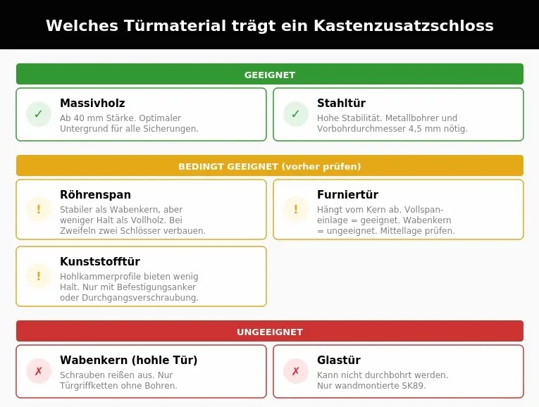 Montage eines Kastenzusatzschlosses mit Schwerlastdübeln in verschiedenen Türmaterialien im Vergleich