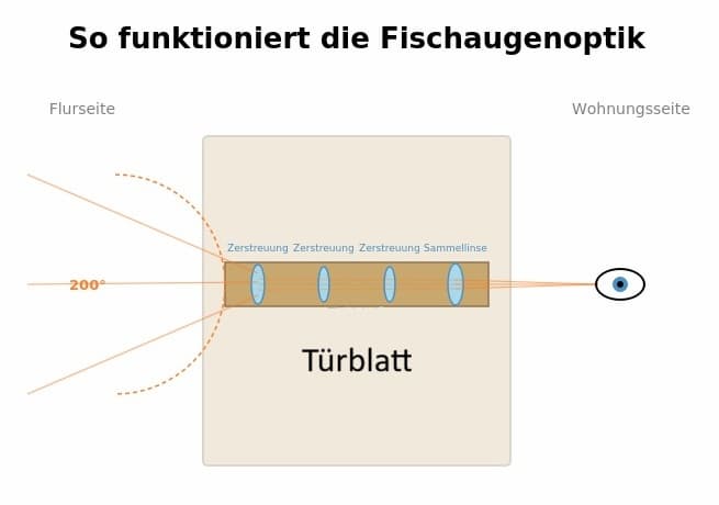 Querschnitt eines analogen Türspions mit Linsensystem im Messingrohr und Weitwinkelbild